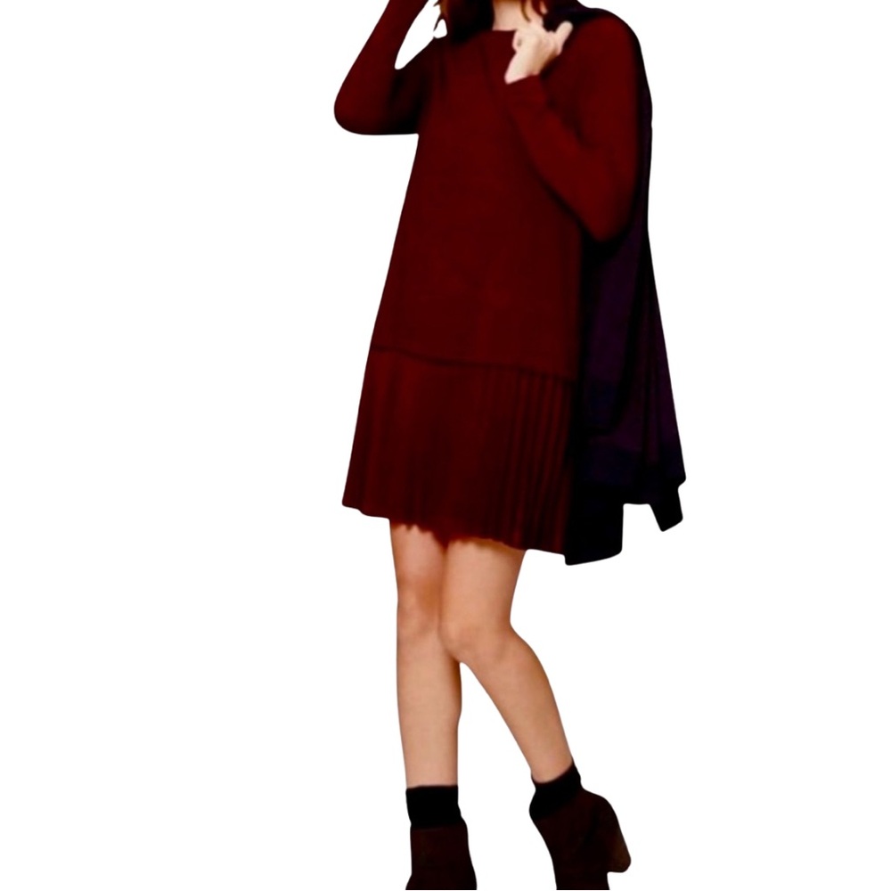 Loft Dropped Waist Pleated Maroon Dress • Large Petite • NEW WITH TAGS